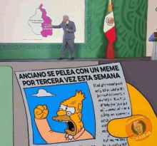 a cartoon of a man holding a microphone next to a newspaper that says anciano se pelea con un meme