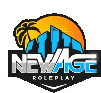 a logo for newage roleplay with a palm tree and mountains in the background