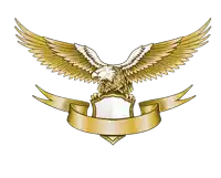 an eagle is holding a shield with a gold ribbon around it