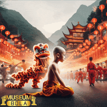 a poster for museum bola shows a boy kneeling in front of a lion costume