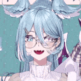 a drawing of a girl with blue hair wearing glasses and earrings