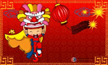 a cartoon of a boy in a lion costume holding a red lantern .