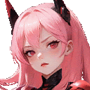 a close up of a girl with pink hair and horns on her head .