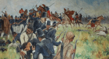 a painting of soldiers and horses in a field with a horse laying on the ground