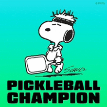 a picture of snoopy holding a pickleball racket