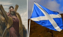 a painting of a man carrying a cross next to a flag of scotland