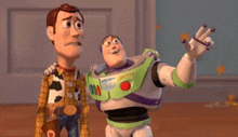 woody and buzz lightyear from the movie toy story are standing next to each other