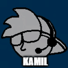 a pixel art drawing of a person with glasses and headphones with the name kamil below it