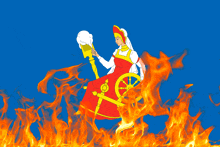 a drawing of a woman sitting on a steering wheel with flames surrounding her