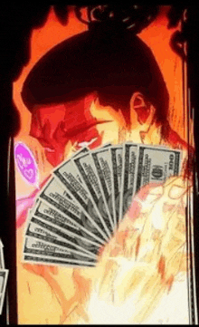 a person is holding a fan of money in front of a fire .