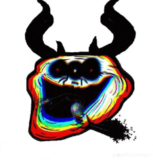 a troll with horns and a rainbow face is holding a microphone in his mouth .