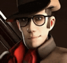 a man wearing a hat , glasses , and a red tie is holding a gun .