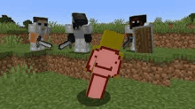 a group of minecraft characters are standing next to each other on a grassy field .