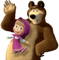 a bear and a girl from masha and the bear are waving