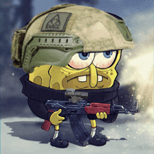 a cartoon of spongebob wearing a military helmet and holding a gun