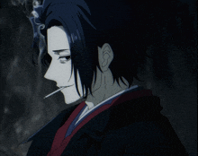 a black and white anime character with a cigarette in her mouth