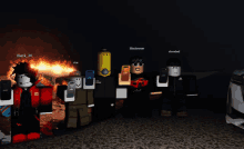 a group of roblox characters are standing in front of a fire and one of them has the name black_34 on his head