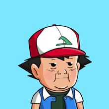 a cartoon of a boy wearing a red and white hat with a green leaf on it