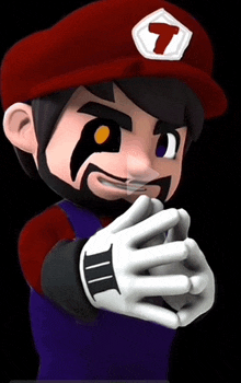 a cartoon character wearing a red hat and gloves with the letter t on it