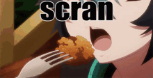 a girl is eating a piece of food and the word scran is on the bottom