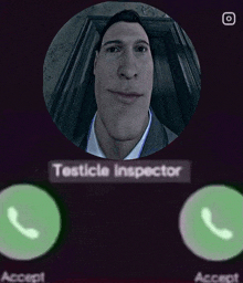 a picture of a man in a suit and tie with the name testicle inspector