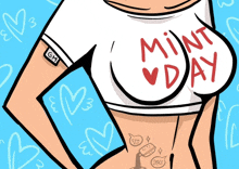 a cartoon drawing of a woman wearing a white shirt that says mint day