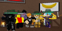 a group of roblox characters are standing in front of a banana