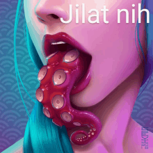 a woman with blue hair is eating an octopus tentacle