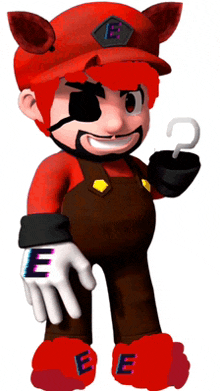 a cartoon character with the letter e on his hands