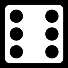 a white dice with three black circles on each side on a black background .