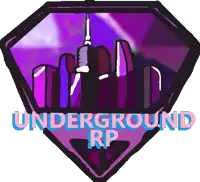 a purple logo for underground rp with a city skyline in the background