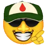 a smiley face wearing a green hat and sunglasses is giving a peace sign