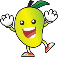 a cartoon drawing of a mango with arms legs and a green leaf