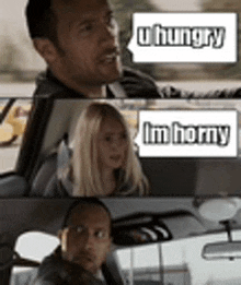 a man and a woman are sitting in a car with speech bubbles that say u hungry