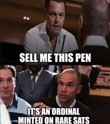 a picture of a man with the caption sell me this pen