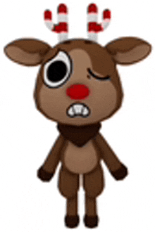 a stuffed reindeer with candy canes on its antlers is standing with its eyes closed .