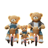 three teddy bears are riding bicycles with baskets and the word abc is on the back of one of them