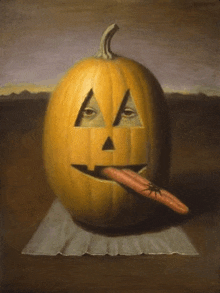 a painting of a pumpkin with a face carved into it and a carrot sticking out of it 's mouth