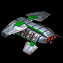 a 3d model of a futuristic space ship with green wings and a black background .