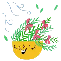 a cartoon illustration of a yellow cup with flowers and leaves coming out of it