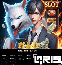 a man with blue eyes is holding money in front of a wolf