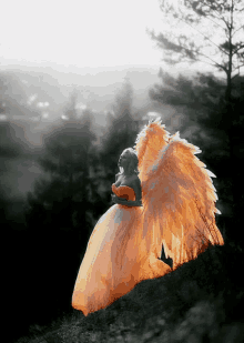 a woman in a white dress with angel wings stands on a hill