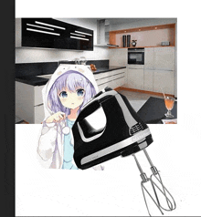 a girl with purple hair is standing next to a mixer