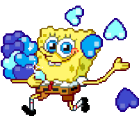 a pixel art drawing of spongebob with blue hearts coming out of his eyes