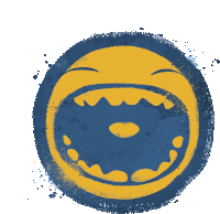 a blue and yellow circle with a laughing face on it