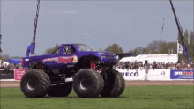 a purple monster truck is driving on a grassy field in front of a crowd with a protruck sign in the background