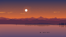 a group of ducks are swimming in a lake with mountains in the background at sunset