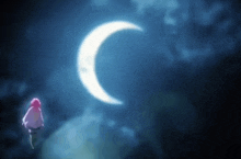 a little girl is standing in front of a crescent moon in the night sky .