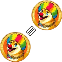 two idoge coins with a dog wearing a clown costume