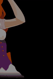 a cartoon drawing of a girl with red hair and a purple dress